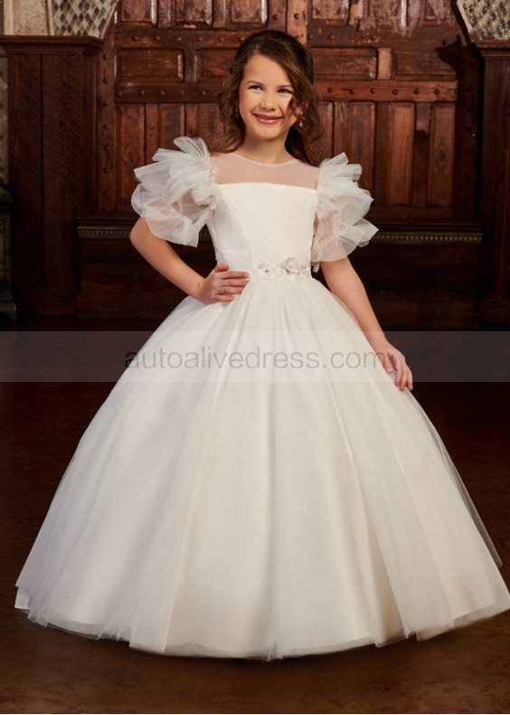 Ruffle Sleeves Ivory Tulle 3D Flowers Sweet Flower Girl Dress